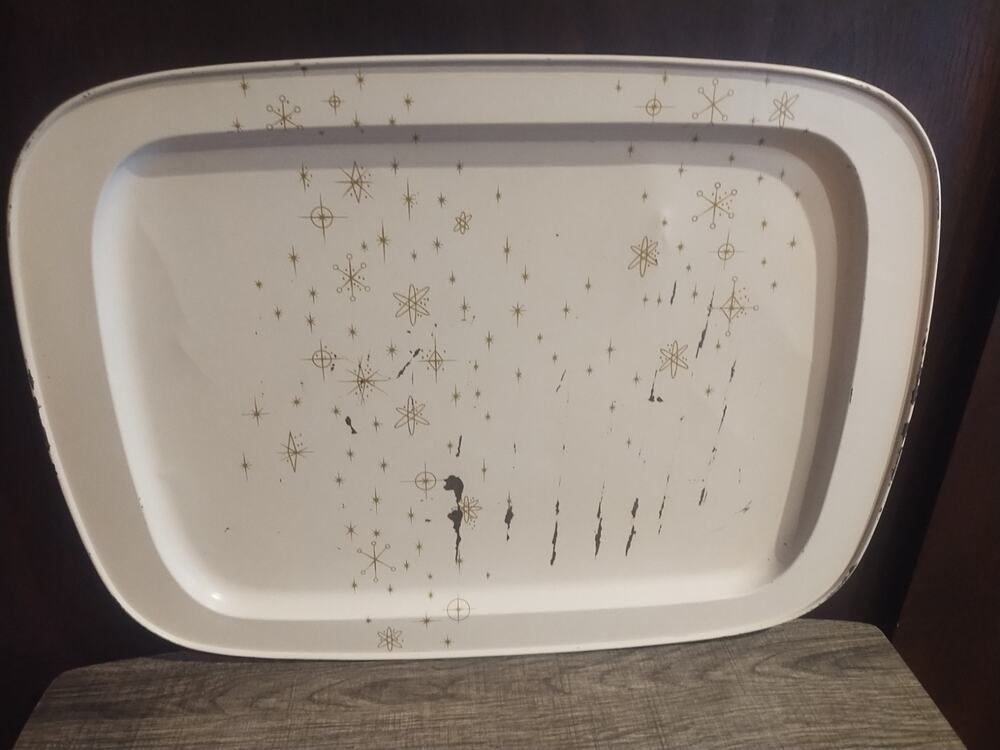 MCM Metal Large Serving Tray Retro Atomic Starburst 21.5 x 16 Ivory Gold READ